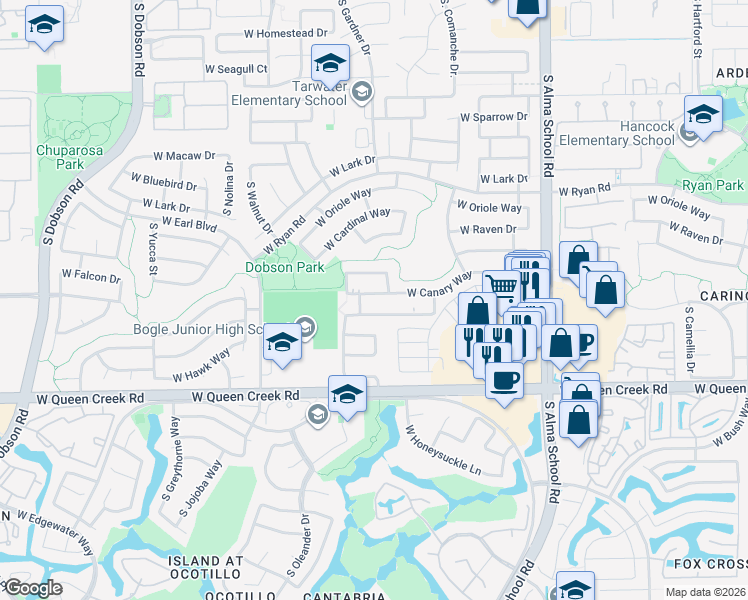 map of restaurants, bars, coffee shops, grocery stores, and more near 1400 West Canary Way in Chandler
