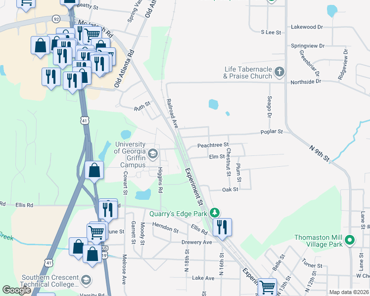map of restaurants, bars, coffee shops, grocery stores, and more near 1320 Experiment Street in Griffin