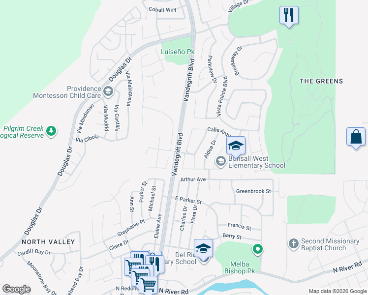 map of restaurants, bars, coffee shops, grocery stores, and more near 4969 Calle Arquero in Oceanside