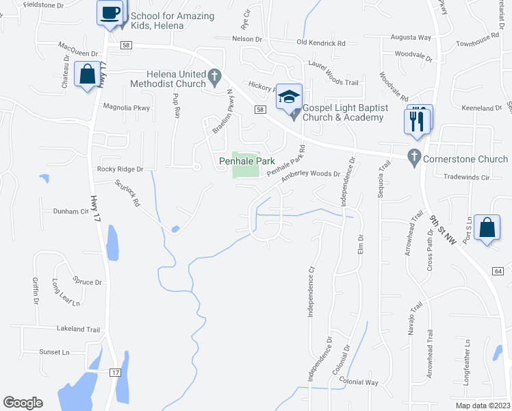 map of restaurants, bars, coffee shops, grocery stores, and more near 1183 Amberley Woods Drive in Helena