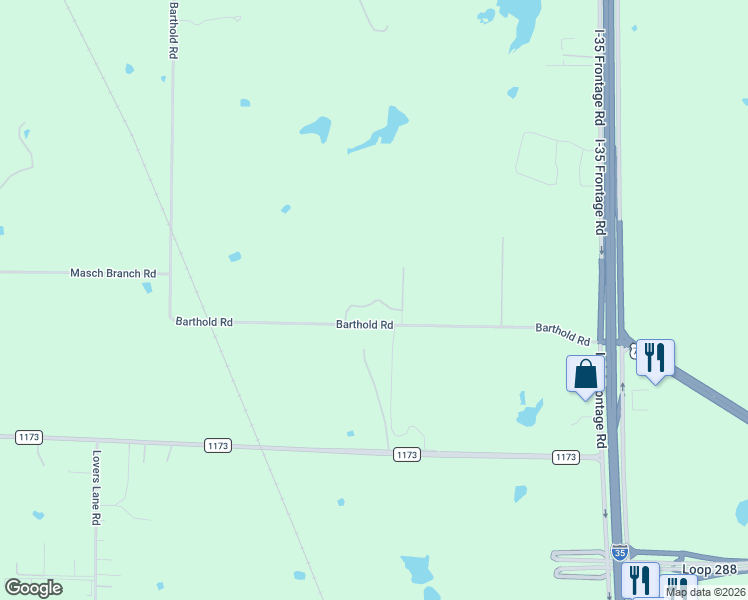 map of restaurants, bars, coffee shops, grocery stores, and more near 5100 Barthold Road in Denton