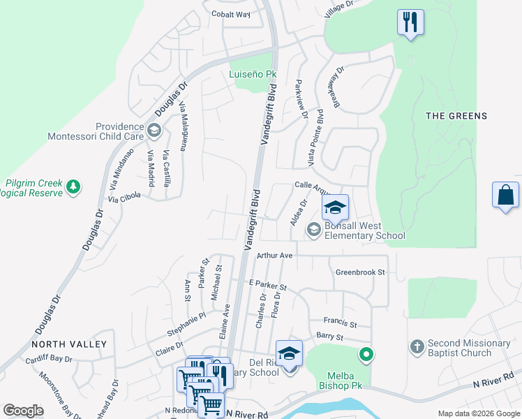 map of restaurants, bars, coffee shops, grocery stores, and more near 4969 Calle Arquero in Oceanside