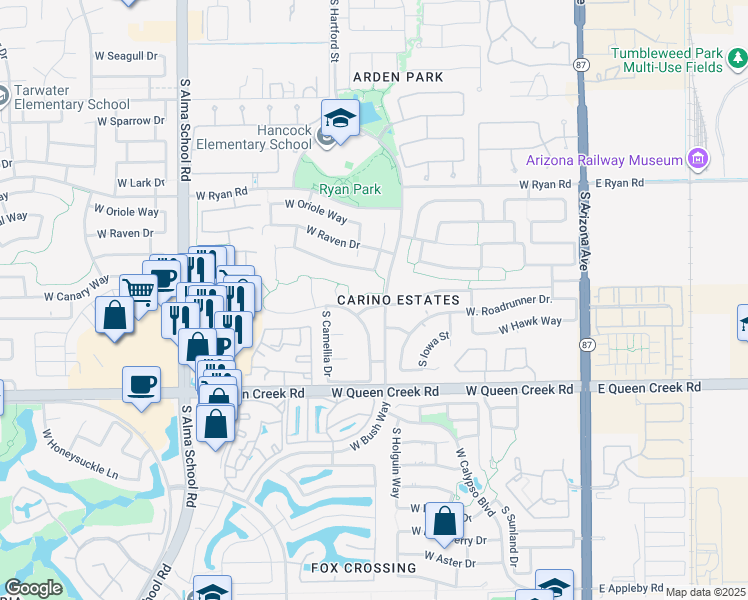 map of restaurants, bars, coffee shops, grocery stores, and more near 612 West Canary Way in Chandler