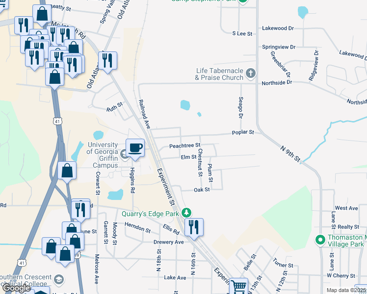 map of restaurants, bars, coffee shops, grocery stores, and more near 126 Peachtree Street in Griffin