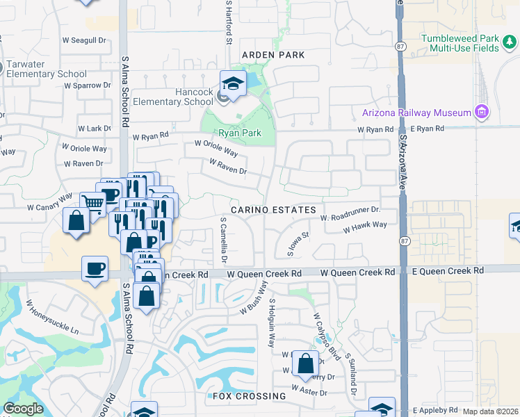 map of restaurants, bars, coffee shops, grocery stores, and more near 612 West Canary Way in Chandler