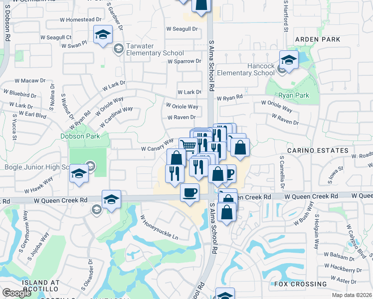 map of restaurants, bars, coffee shops, grocery stores, and more near 1151 West Canary Way in Chandler