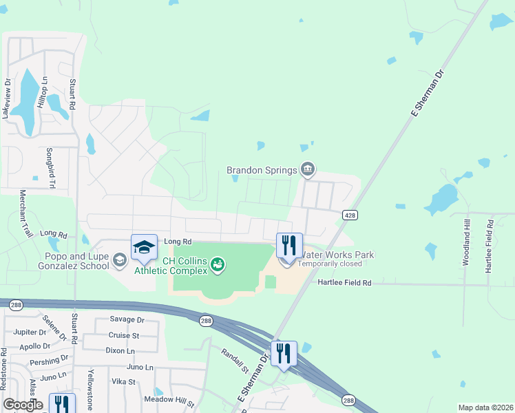 map of restaurants, bars, coffee shops, grocery stores, and more near 2400 Long Road in Denton