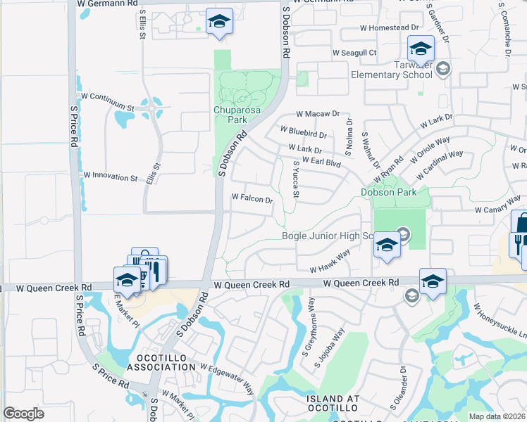 map of restaurants, bars, coffee shops, grocery stores, and more near 1894 West Mockingbird Drive in Chandler