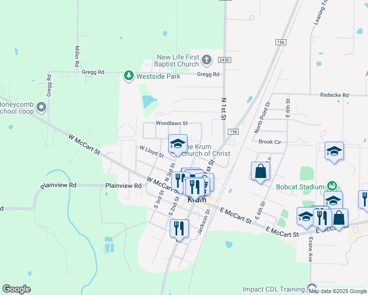 map of restaurants, bars, coffee shops, grocery stores, and more near 311 Edgewood Drive in Krum