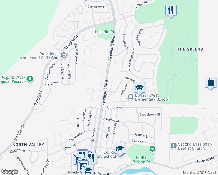 map of restaurants, bars, coffee shops, grocery stores, and more near 4969 Calle Arquero in Oceanside