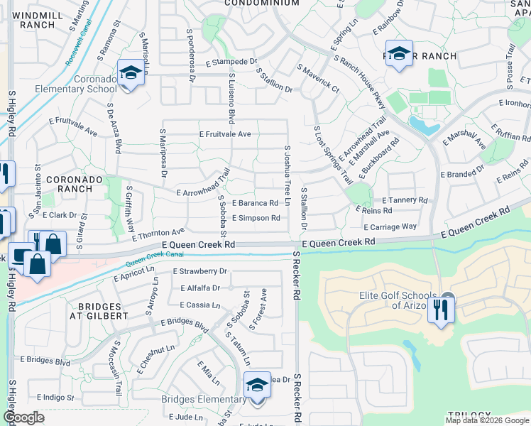 map of restaurants, bars, coffee shops, grocery stores, and more near 3940 East Simpson Road in Gilbert