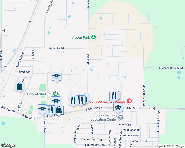 map of restaurants, bars, coffee shops, grocery stores, and more near 1307 Fox Hollow Road in Krum