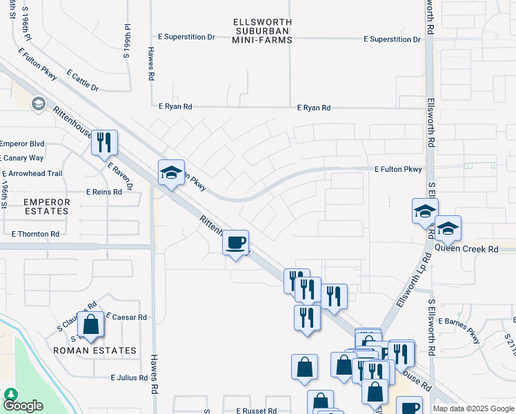 map of restaurants, bars, coffee shops, grocery stores, and more near 20326 East Arrowhead Trail in Queen Creek
