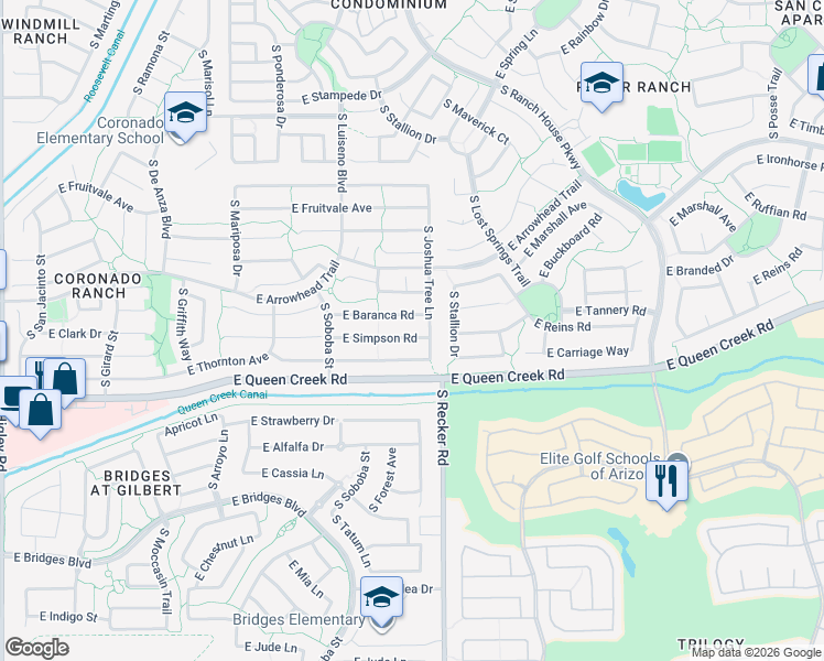 map of restaurants, bars, coffee shops, grocery stores, and more near 3940 East Simpson Road in Gilbert
