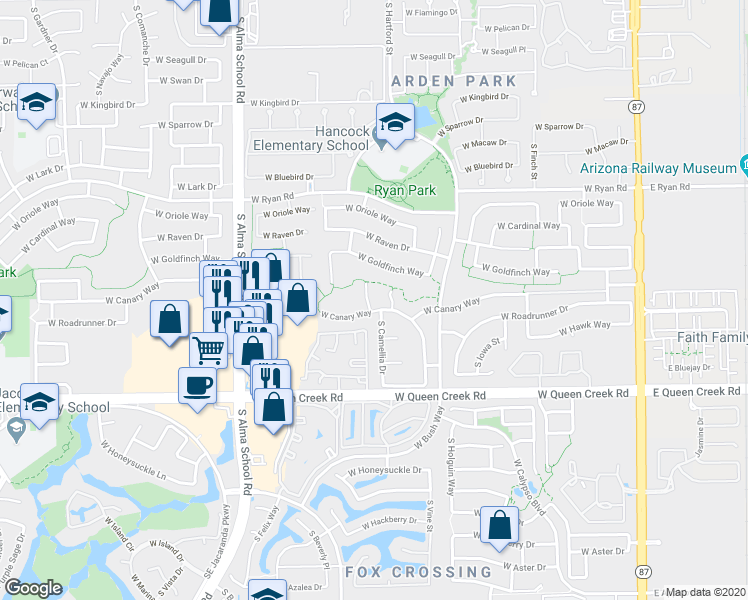 map of restaurants, bars, coffee shops, grocery stores, and more near 2750 South Pleasant Place in Chandler