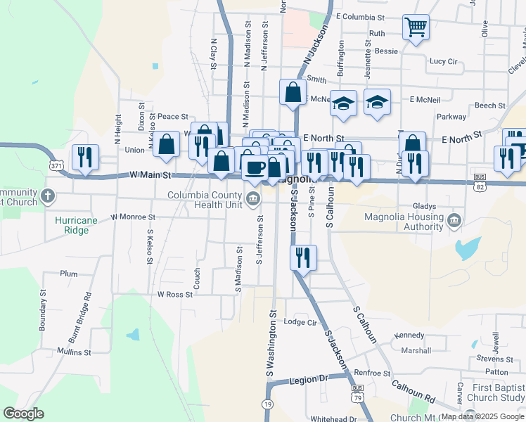 map of restaurants, bars, coffee shops, grocery stores, and more near 200 South Jefferson Street in Magnolia