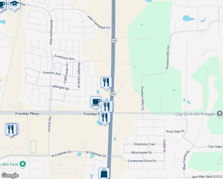 map of restaurants, bars, coffee shops, grocery stores, and more near 3055 South Preston Road in Prosper