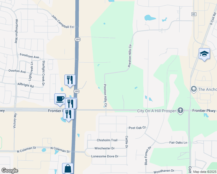 map of restaurants, bars, coffee shops, grocery stores, and more near 3227 Preston Hills Circle in Prosper