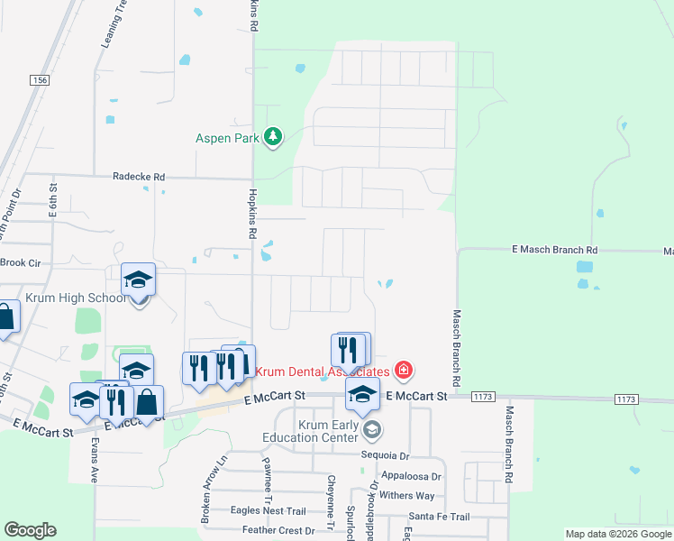 map of restaurants, bars, coffee shops, grocery stores, and more near 1419 Fox Hollow Road in Krum