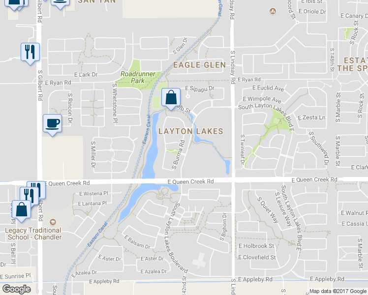 map of restaurants, bars, coffee shops, grocery stores, and more near 4667 South Burma Road in Gilbert