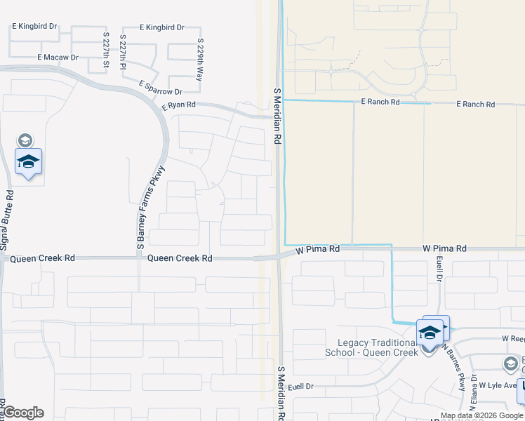 map of restaurants, bars, coffee shops, grocery stores, and more near 23188 East Carriage Way in Queen Creek