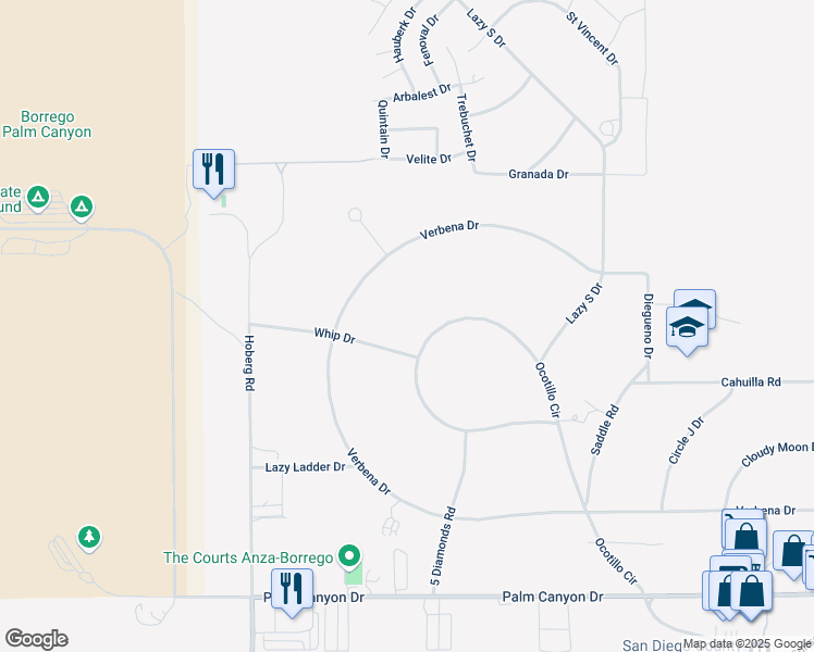 map of restaurants, bars, coffee shops, grocery stores, and more near 311 Ocotillo Circle in Borrego Springs