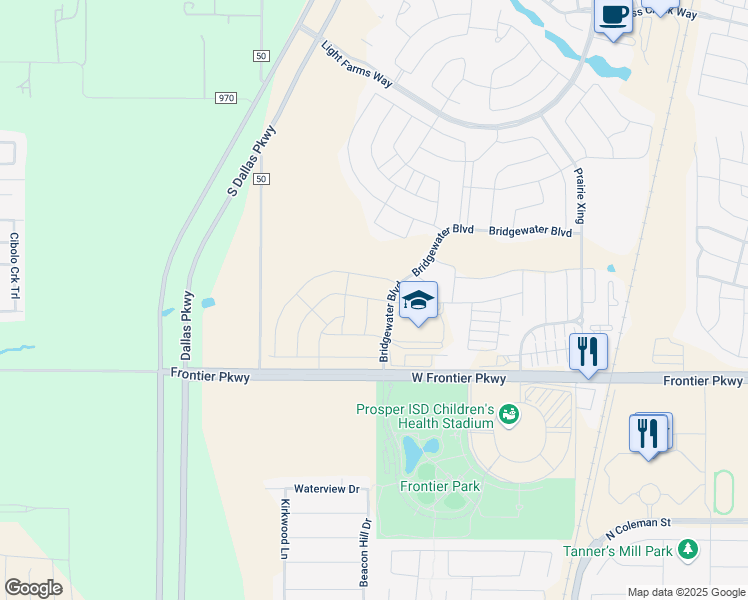 map of restaurants, bars, coffee shops, grocery stores, and more near 1240 Frontier Parkway in Prosper