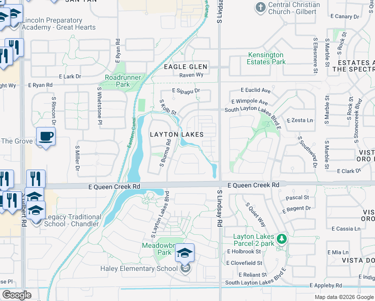 map of restaurants, bars, coffee shops, grocery stores, and more near 670 East Rojo Way in Gilbert