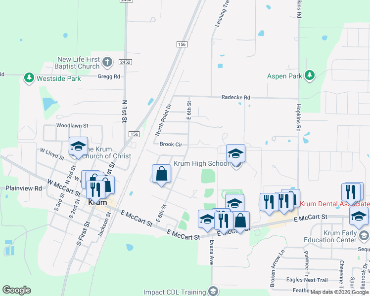 map of restaurants, bars, coffee shops, grocery stores, and more near 201 Brook Circle in Krum
