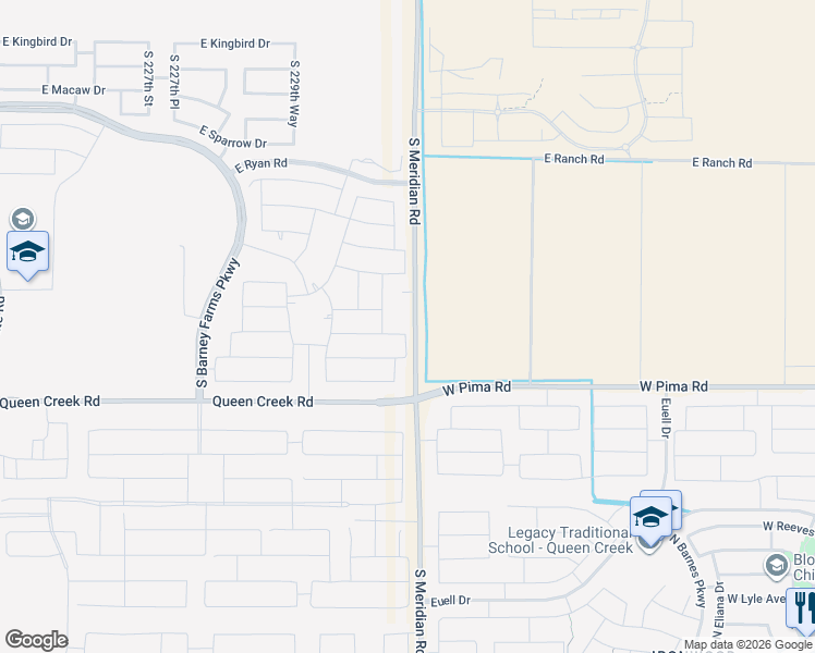 map of restaurants, bars, coffee shops, grocery stores, and more near 23188 East Carriage Way in Queen Creek