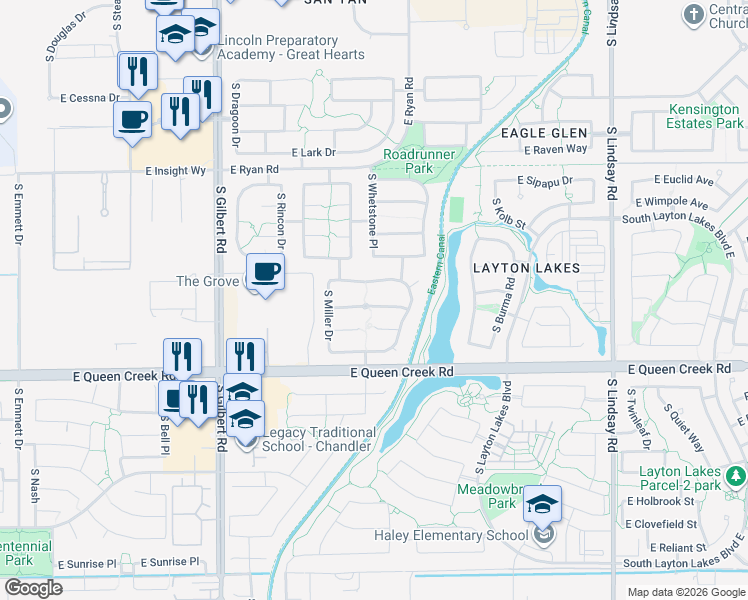 map of restaurants, bars, coffee shops, grocery stores, and more near 3352 East Roadrunner Drive in Chandler