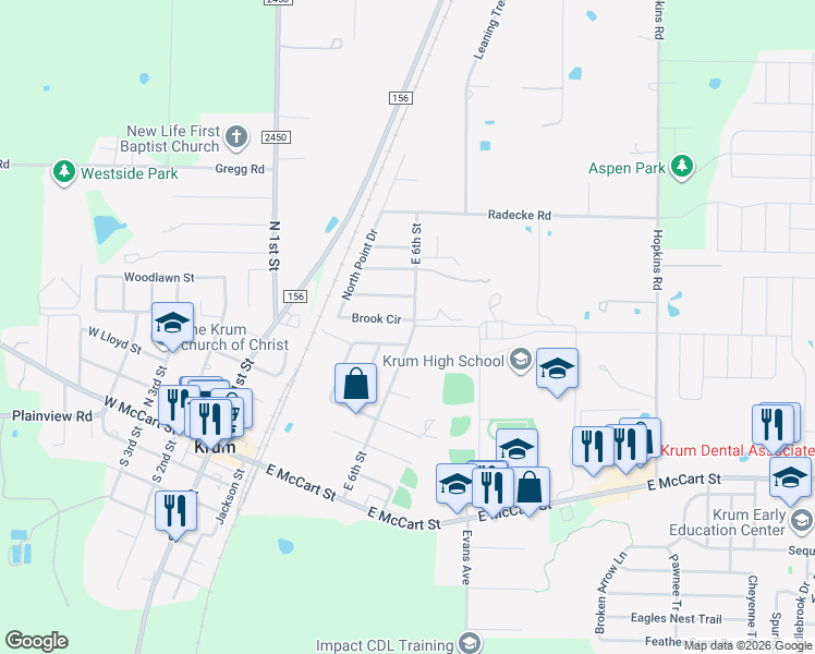 map of restaurants, bars, coffee shops, grocery stores, and more near 201 Brook Circle in Krum