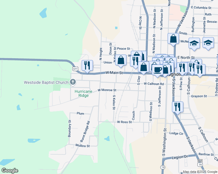 map of restaurants, bars, coffee shops, grocery stores, and more near 718 West Monroe Street in Magnolia