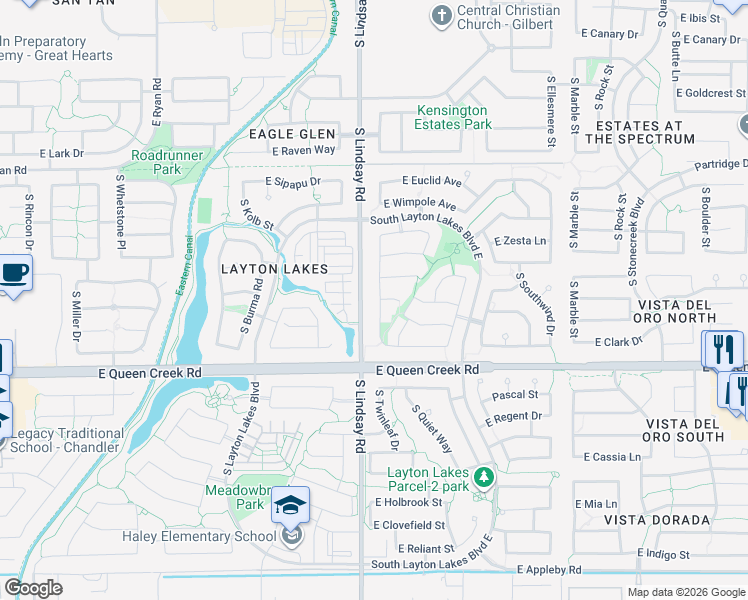 map of restaurants, bars, coffee shops, grocery stores, and more near 4664 South Twinleaf Drive in Gilbert