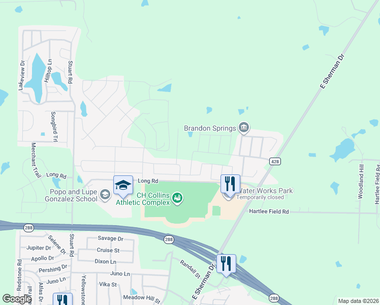 map of restaurants, bars, coffee shops, grocery stores, and more near 5205 Shady River Drive in Denton