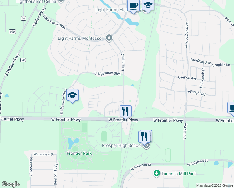 map of restaurants, bars, coffee shops, grocery stores, and more near 3001 Prairie Crossing in Prosper