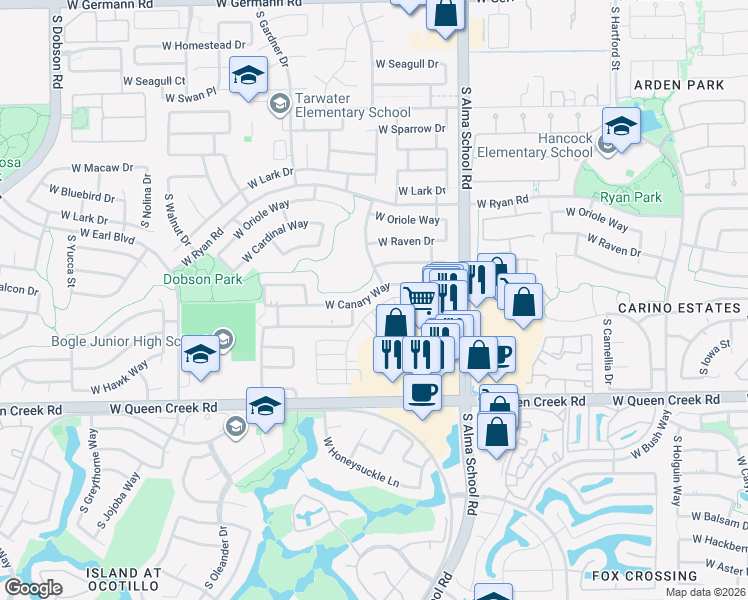 map of restaurants, bars, coffee shops, grocery stores, and more near 1241 West Canary Way in Chandler