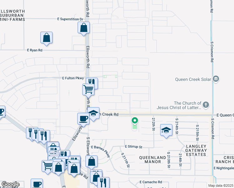 map of restaurants, bars, coffee shops, grocery stores, and more near 21000 East Carriage Way in Queen Creek