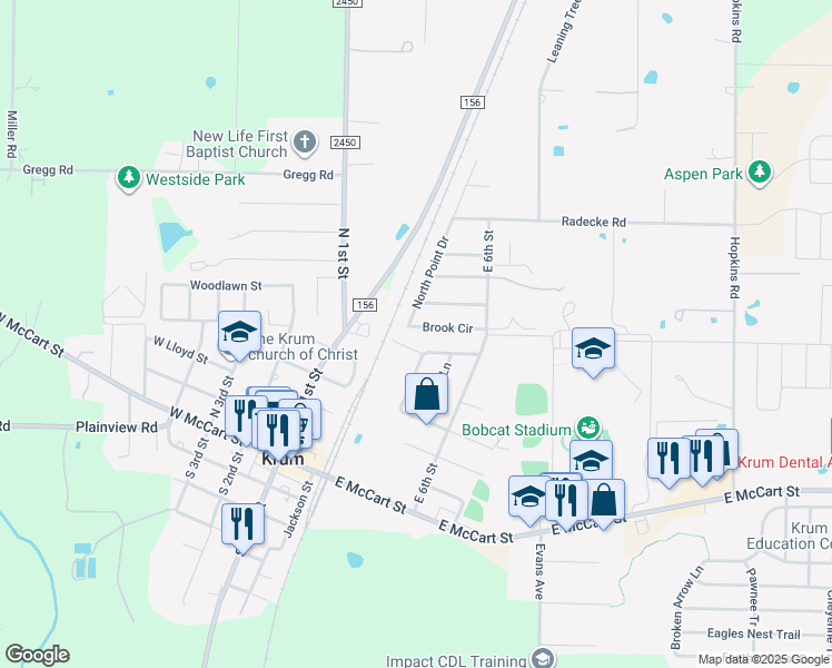 map of restaurants, bars, coffee shops, grocery stores, and more near 221 Brook Circle in Krum