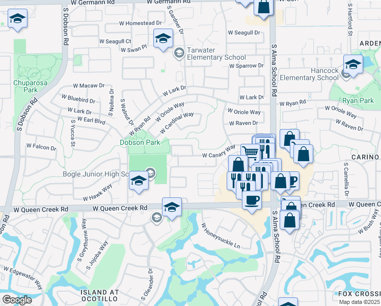 map of restaurants, bars, coffee shops, grocery stores, and more near 1400 West Canary Way in Chandler