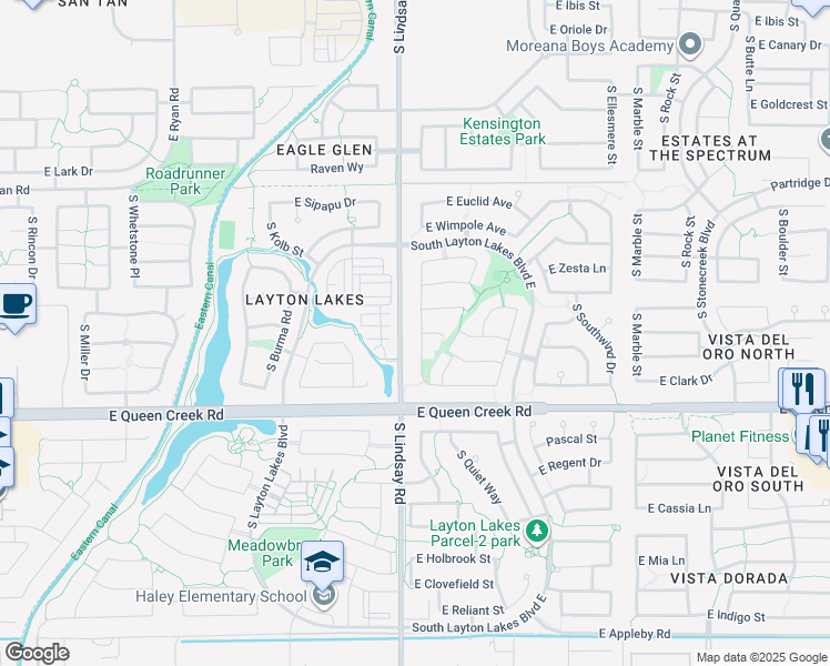 map of restaurants, bars, coffee shops, grocery stores, and more near 4664 South Twinleaf Drive in Gilbert