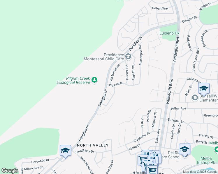 map of restaurants, bars, coffee shops, grocery stores, and more near 1395 Via Cibola in Oceanside