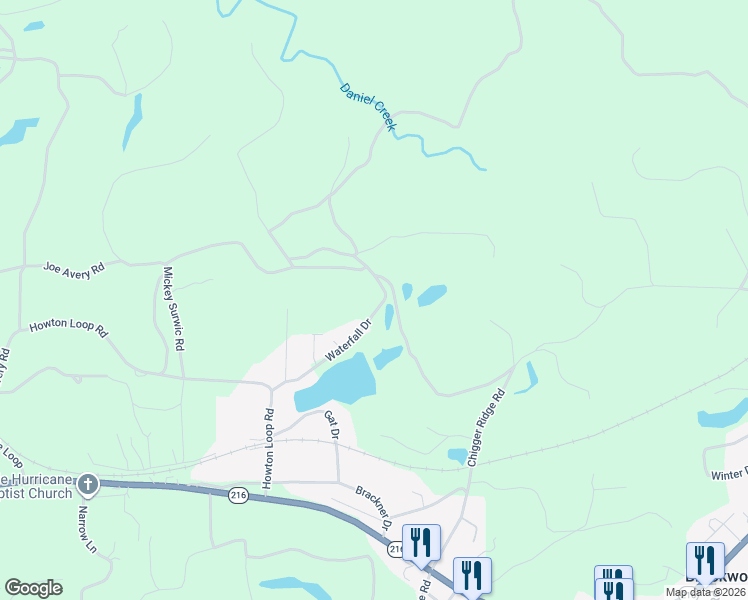 map of restaurants, bars, coffee shops, grocery stores, and more near 15490 Waterfall Drive in Brookwood