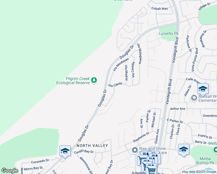 map of restaurants, bars, coffee shops, grocery stores, and more near 1395 Via Cibola in Oceanside