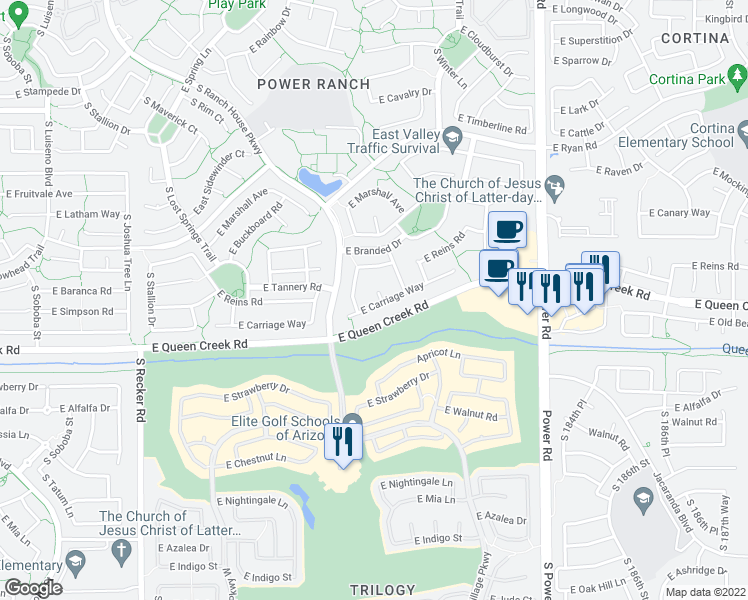 map of restaurants, bars, coffee shops, grocery stores, and more near 4722 South Pablo Pass Court in Gilbert