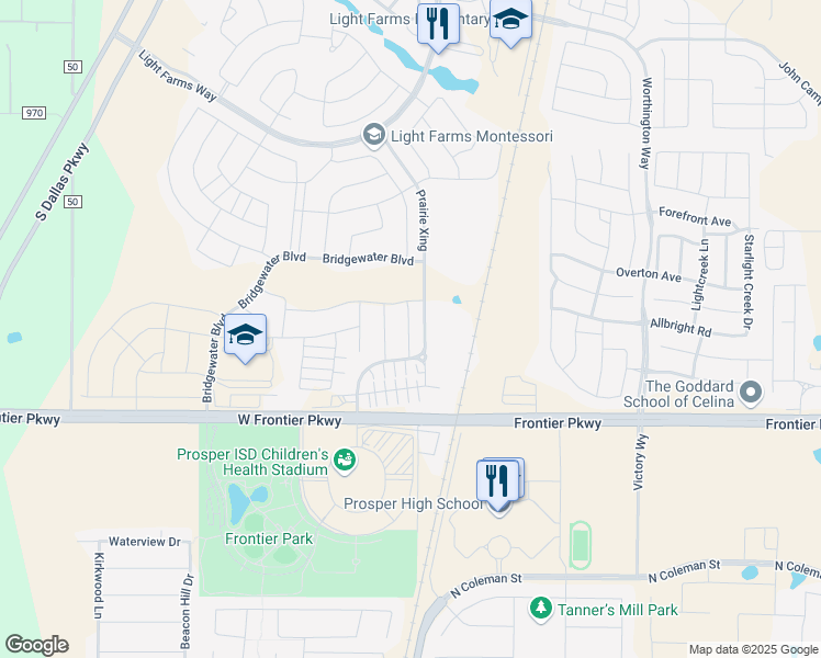map of restaurants, bars, coffee shops, grocery stores, and more near 4400 Prairie Crossing in Prosper
