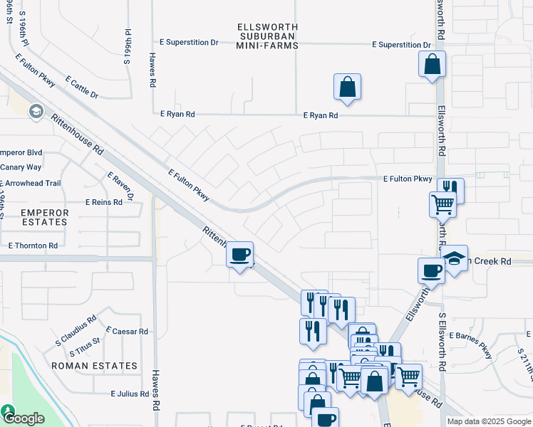 map of restaurants, bars, coffee shops, grocery stores, and more near 20326 East Arrowhead Trail in Queen Creek