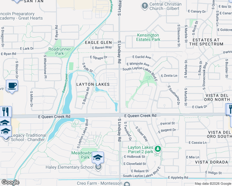 map of restaurants, bars, coffee shops, grocery stores, and more near 4664 South Twinleaf Drive in Gilbert