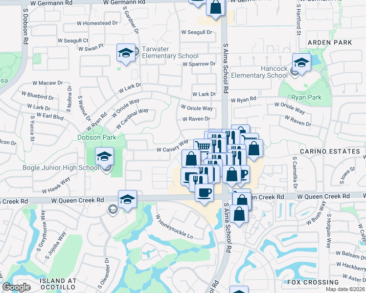 map of restaurants, bars, coffee shops, grocery stores, and more near 1241 West Canary Way in Chandler