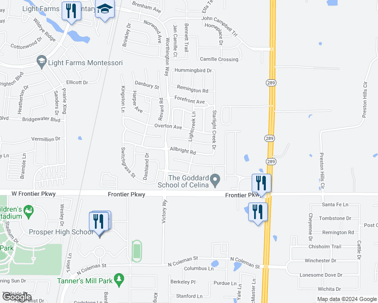 map of restaurants, bars, coffee shops, grocery stores, and more near Allbright Road in Celina